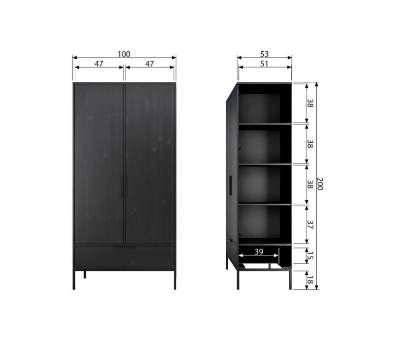 2-deurskast model ADAM met lade zwart